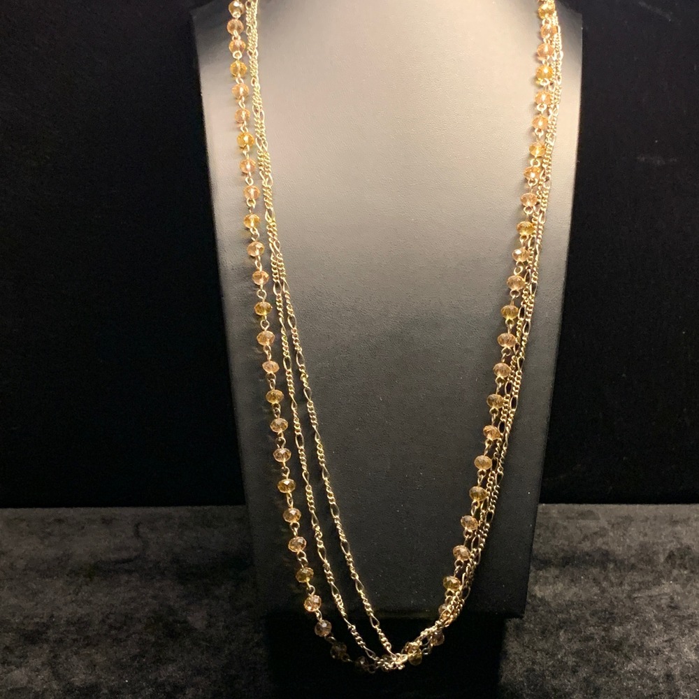 Silver Tone Multi Strand Layered Necklace Tan Bead Figaro Chain 30 Inch
